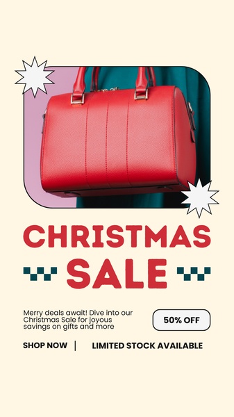 A festive 9:16 vertical social ad featuring a red handbag with bold Christmas sale typography and a 50% off discount badge.