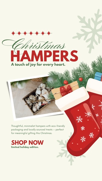 A minimalist, festive-themed hamper ad featuring classic holiday colors, seasonal imagery, and a strong value proposition for Christmas shoppers.