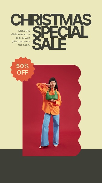 A high-contrast, vertical holiday promotional creative featuring a model holding a vibrant green handbag against a red background.
