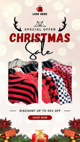 A festive, high-contrast mobile ad for apparel sales, featuring bold typography, deer horn accents, and product photography to drive holiday conversions.