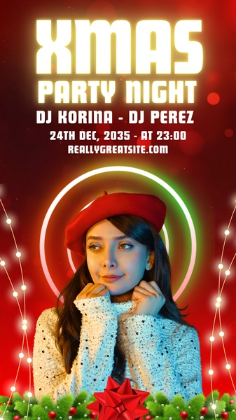 A high-energy event invitation featuring a stylized portrait with neon lighting and bold holiday-themed typography for a nightclub party.