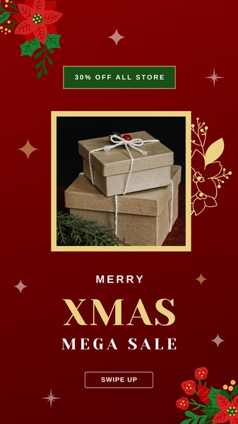 A festive, high-contrast holiday promotional graphic for a gift set that leverages clear discount messaging and seasonal botanical accents.