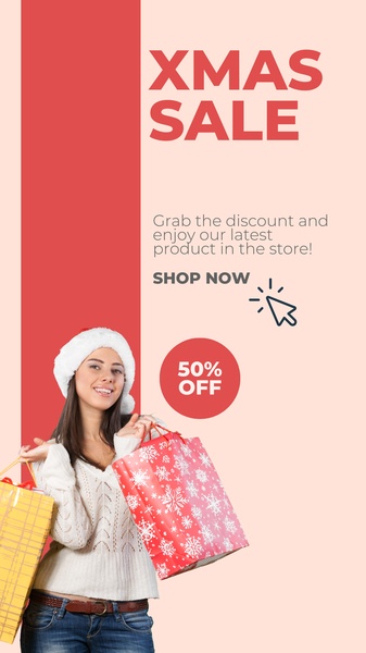 A festive 9:16 vertical mobile creative featuring a shopper in a Santa hat, clearly promoting a 50% discount for a retail sale.