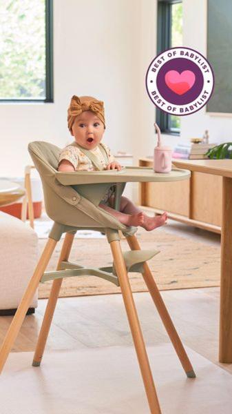 A clean, lifestyle-focused ad for a baby high chair featuring a 'Best of' industry award badge to instantly establish product authority.
