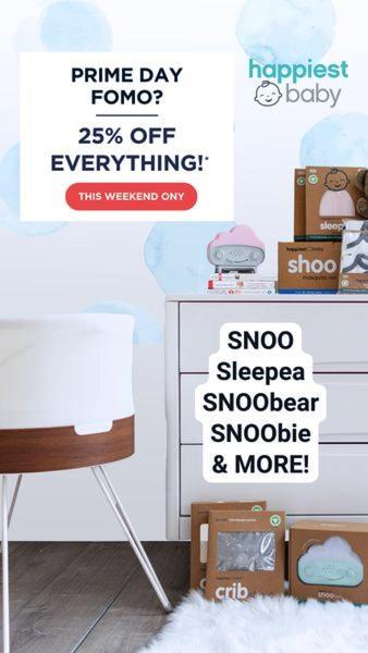 A seasonal promotion ad for a baby sleep product line using a clean white aesthetic and direct offer-based messaging.