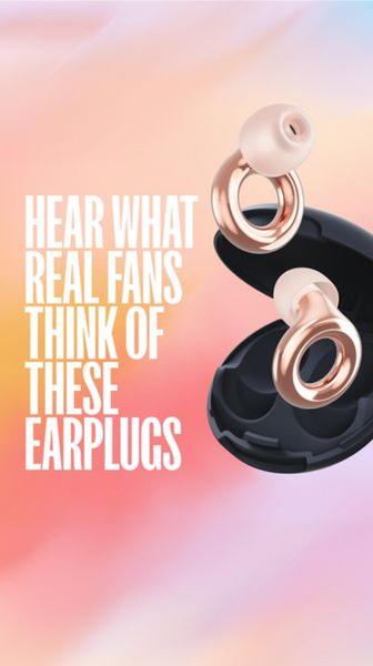 A vertical social proof ad featuring a clean product shot of rose-gold earplugs in their case against a soft, gradients background.