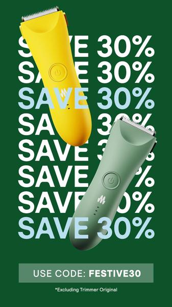 A vertical 9:16 ad creative featuring two colored electric trimmers set against a bold green background with repetitive white and blue typography promoting a 30% discount.