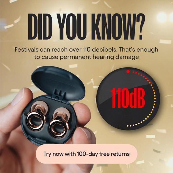 An educational ad creative highlighting the dangers of high-decibel festival environments to sell earplugs with a clear, value-driven offer.