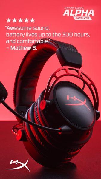 This ad creative utilizes a stark, high-contrast red background to feature wireless headphones accompanied by a direct, positive customer testimonial.