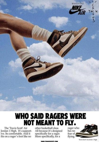 A creative featuring a running shoe mid-air against a blue sky, using aspirational messaging to position the product as superior and light.