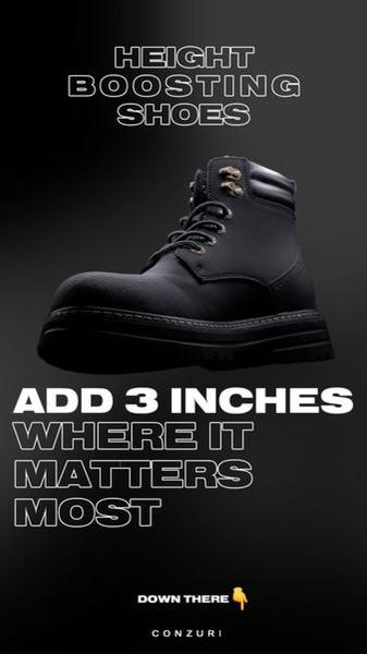 A minimalist, dark-mode creative focusing on a clear, provocative value proposition for height-increasing footwear.