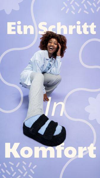A bright, playful 9:16 portrait ad featuring a model crouching while wearing fuzzy platform sandals against a pastel lilac background.