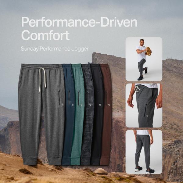 A high-conversion 1_1 ad featuring a lifestyle product shot alongside a curated gallery of color options for a versatile performance jogger.