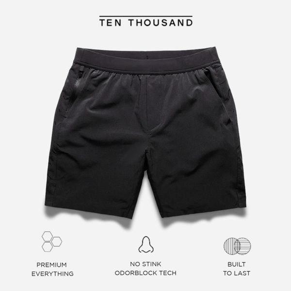 A clean, high-contrast product-centric image of athletic shorts featuring three core benefit icons and clear text descriptors.