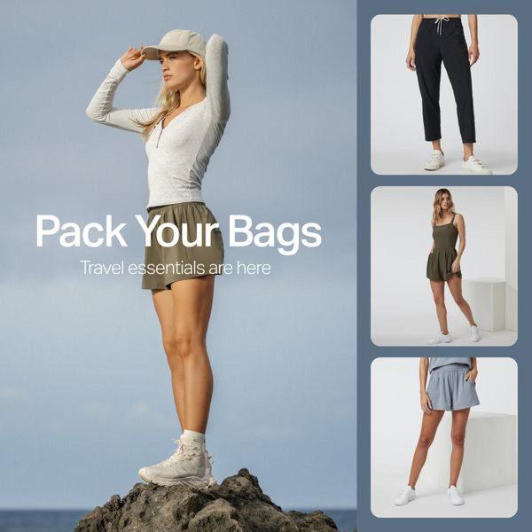 activewear, travel clothing, athleisure, workout clothes, casual wear, athletic apparel, loungewear, product launch, outdoor, lifestyle, energetic, fresh, blue, neutral