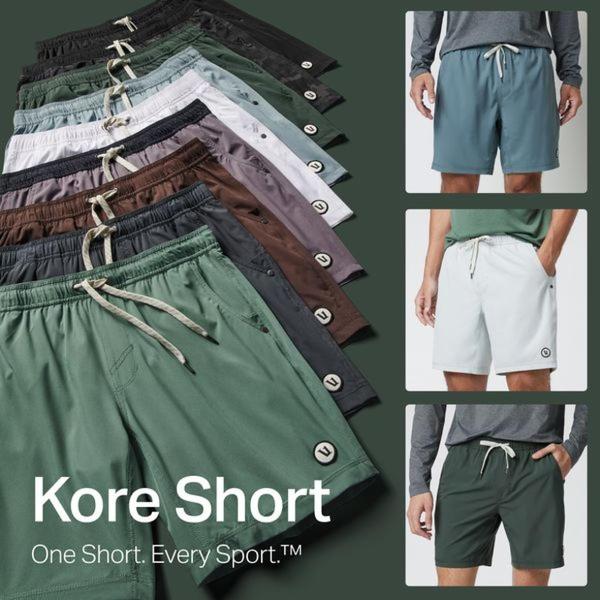 A square ratio ad creative showcasing multiple color variations of the Kore Short paired with lifestyle model shots, emphasizing the product's versatility.