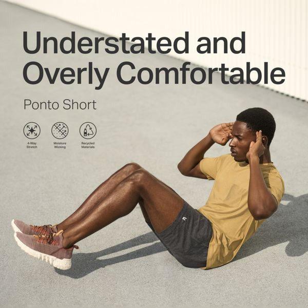 A clean, square-format ad showcasing a model doing crunches in Ponto shorts, highlighted by three key benefit icons.