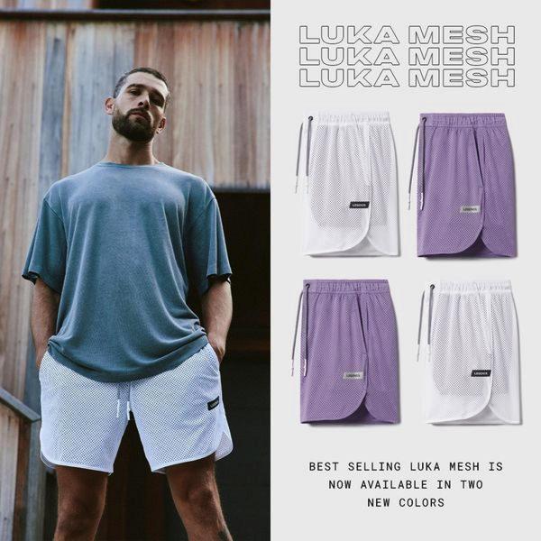 A split-pane creative featuring a model wearing white mesh shorts on the left and a product grid showing four color variants on the right.