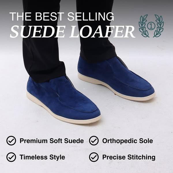 A clean, minimalist 1:1 ad featuring a direct product focus on premium suede loafers, highlighted by four key benefits.