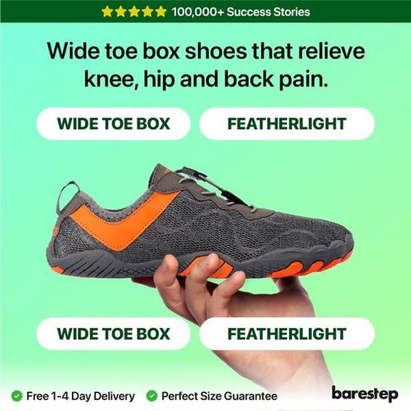 A square 1:1 ad creative highlighting the ergonomic benefits of wide toe box shoes with a clean, high-contrast aesthetic.