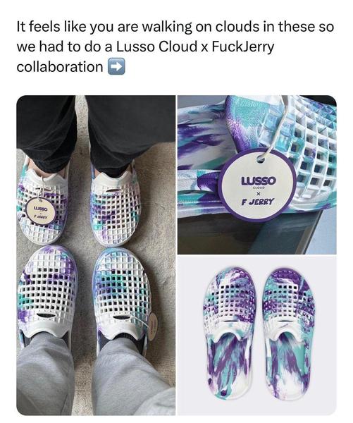 A 1:1 image collage showing off-foot and on-foot views of colorful, branded slides with a casual, relatable headline.