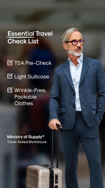 travel suit, wrinkle free suit, packable suit, business suit, men's suit, travel clothing, wrinkle resistant clothing, brand awareness, lifestyle, trustworthy, blue, neutral