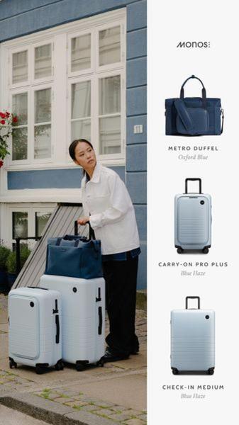 This creative displays a coordinated travel set including a duffel bag, a carry-on, and a medium check-in suitcase, showcasing color consistency and functional design.