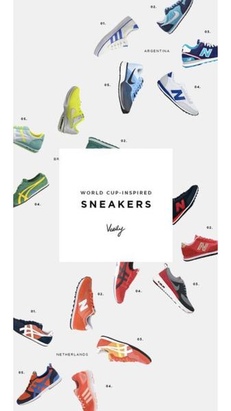 A clean, minimalist 9:16 layout featuring an array of running shoes organized by theme, using a white background to emphasize product variety and color.