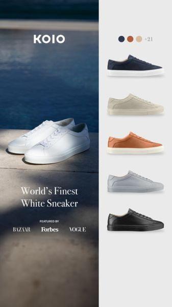 This vertical ad uses a split-screen design featuring a lifestyle product shot alongside a clear, vertical grid of available colorways.