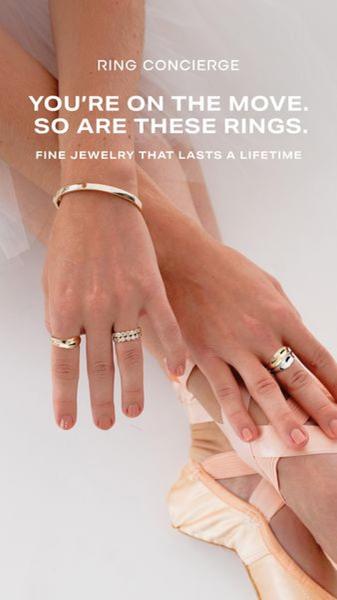 The creative shows a close-up of a person's hands and feet wearing gold rings and a bracelet, emphasizing movement and lifetime durability.
