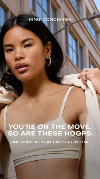A portrait-oriented ad featuring a model wearing gold hoop earrings with overlay text highlighting durability and lifestyle suitability.