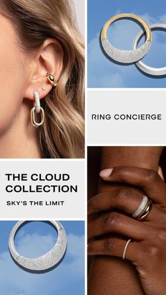 A multi-pane vertical ad featuring jewelry on a model and close-up product shots against a sky-blue background.