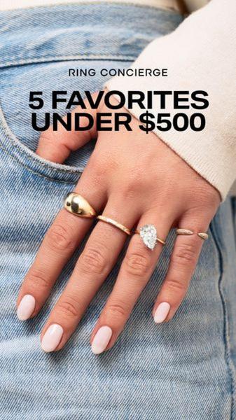 A close-up hand shot displaying multiple rings styled on fingers, utilizing clear pricing to hook viewers.