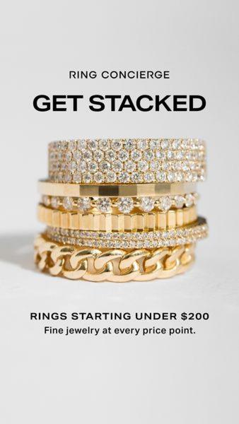A clean, high-contrast close-up shot of multiple gold rings stacked vertically, highlighting versatility and affordability in a 9:16 portrait ratio.