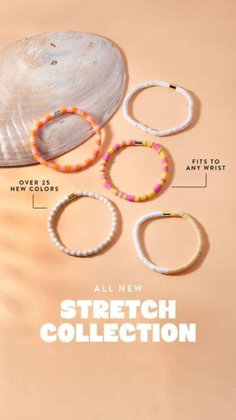 A clean, minimalist product showcase displaying a variety of colorful stretch bracelets on a neutral background, highlighting key features like color count and universal sizing.