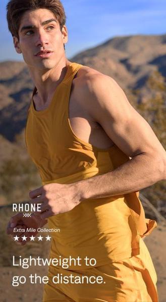 A high-performance running tank top featured in an outdoor, action-oriented ad creative.