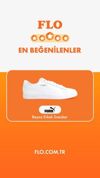 A vertical ad layout showcasing a white sneaker with a star-rating overlay and brand logo to emphasize social approval and product quality.