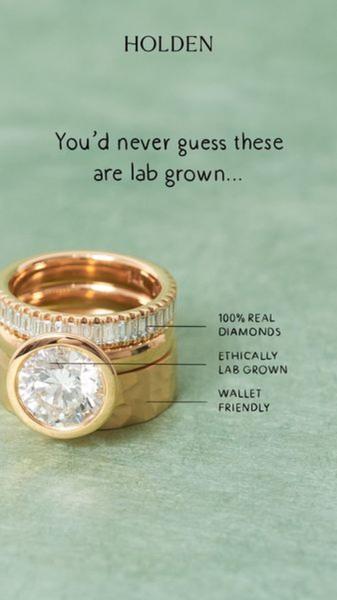 A clean, minimalist product shot of a diamond ring stack using callouts to differentiate benefits and address purchase barriers.