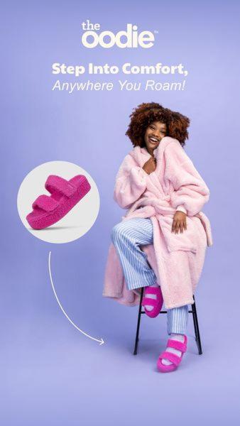 A high-conversion ad featuring fuzzy slippers and a matching loungewear set, using a clean, monochromatic background to highlight product details.