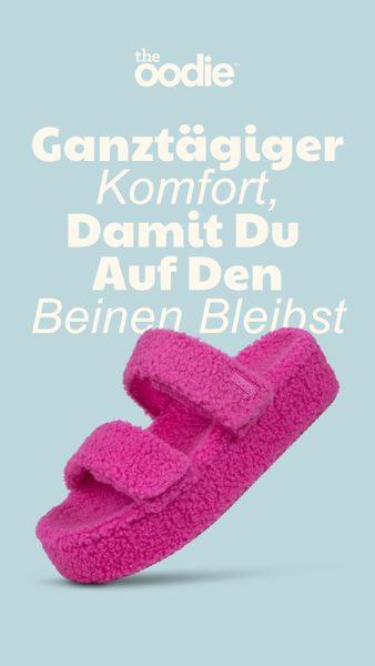 A clean, minimalist 9:16 ad featuring a bright pink fuzzy sandal isolated against a light blue background with bold, benefit-driven text overlay.