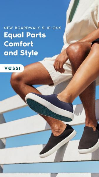 A 9:16 vertical ad featuring a pair of slip-on shoes worn in a bright, outdoor setting with a minimal blue and white color palette.