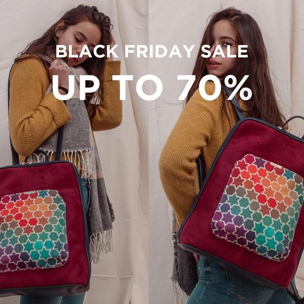 A split-screen promotional image featuring a model wearing a patterned backpack to highlight seasonal Black Friday discounts.
