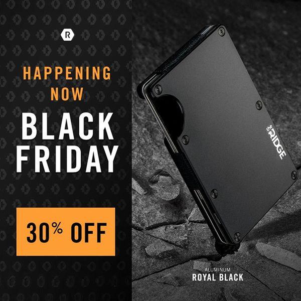 A clean, high-contrast promotional creative featuring a black metal wallet against a textured dark background, highlighting a 30% off offer.