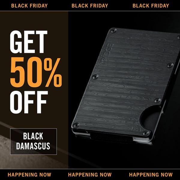 A high-contrast 1:1 square advertisement for a metal wallet featuring a stark Black Friday sale announcement and product close-up.