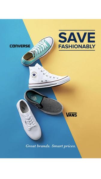A split-color 9:16 vertical creative featuring four different styles of canvas shoes arranged diagonally to emphasize variety and value.