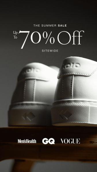 A vertical-ratio creative featuring a close-up, rear-view shot of a white sneaker on a wooden surface, highlighting a seasonal discount with clean typography.