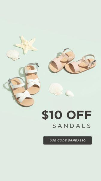 A clean, minimalist 9:16 ad layout featuring children sandals, seashells, and a direct discount code offer.