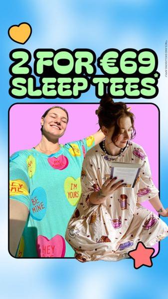 sleep shirts, nightshirts, sleepwear, pajama tops, lounge tees, sleep tees, bundle offer, modern typography, playful, energetic, blue, green, pink