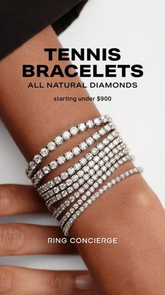 A close-up 9:16 portrait shot of a wrist wearing multiple tennis bracelets against a clean, neutral background with clear, bold offer text.