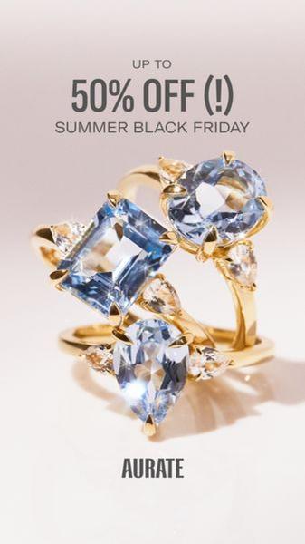 A clean, high-contrast, vertical 9:16 ad featuring an elegant stack of blue gemstone rings on a soft neutral background to highlight the discount.